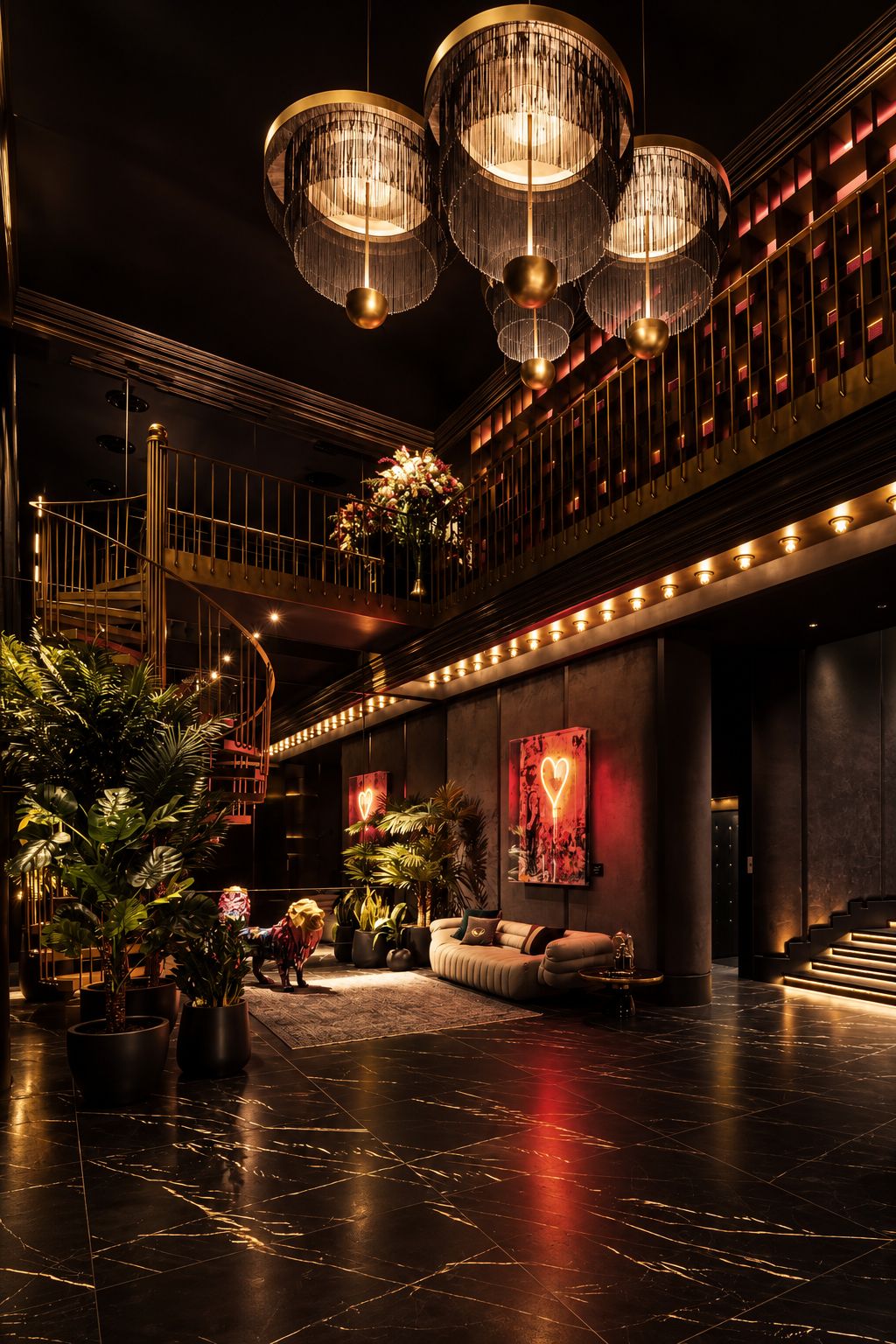 The NOX atrium: brass chandeliers, a spiral stair and black marble